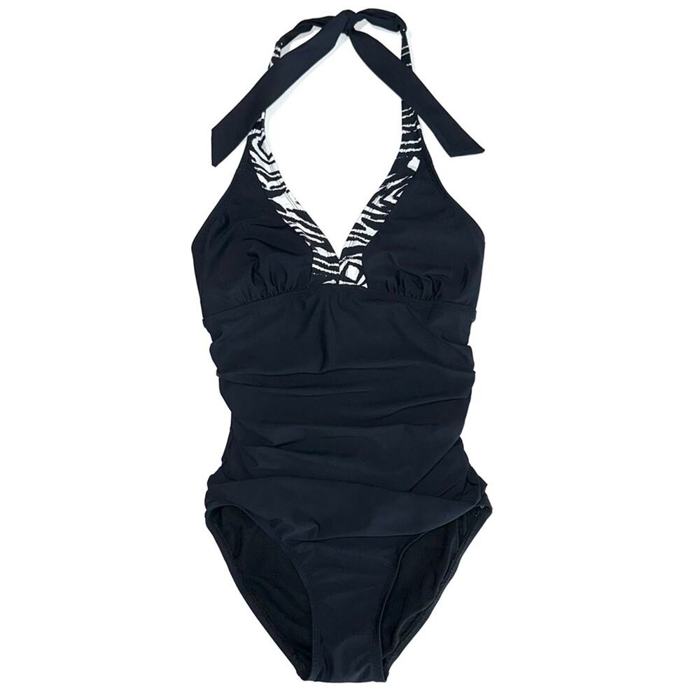 Assets by Spanx Black Zebra Halter One Piece Slimming Swimsuit Size Small